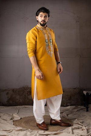 Men's  Mustard Floral Embroidered Silk Kurta Set (ACA5607)