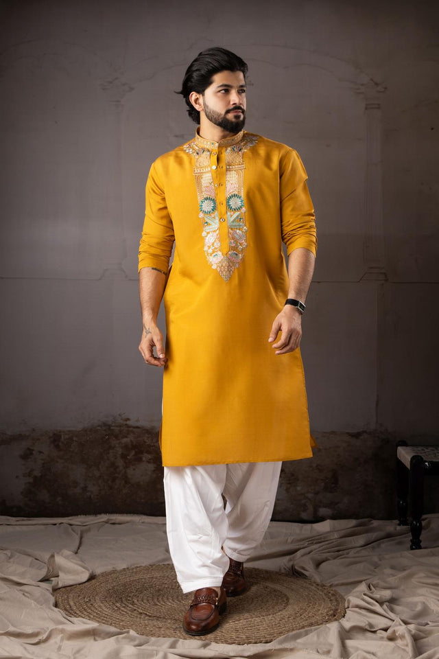 Men's  Mustard Floral Embroidered Silk Kurta Set (ACA5607)