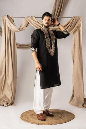 Men's  Black Floral Embroidered Silk Kurta Set (ACA5608)