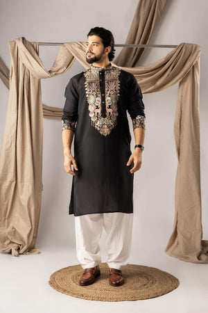 Men's  Black Floral Embroidered Silk Kurta Set (ACA5608)