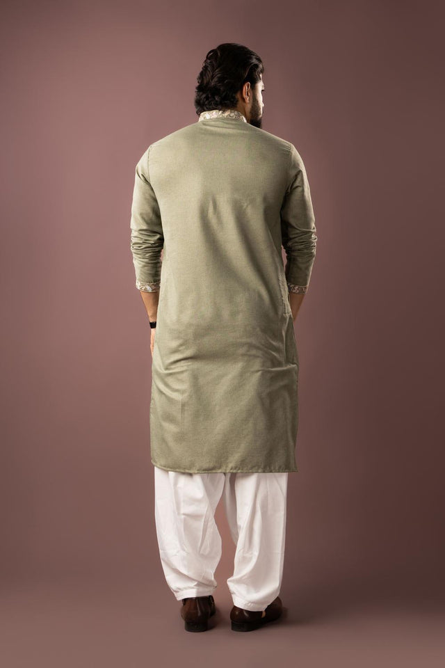 Men's  Green Floral Embroidered Linen Kurta Set (ACA5609)