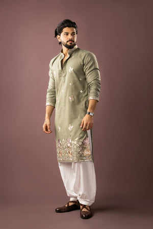 Men's  Green Floral Embroidered Linen Kurta Set (ACA5609)
