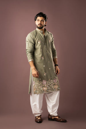 Men's  Green Floral Embroidered Linen Kurta Set (ACA5609)
