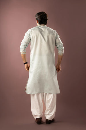 Men's  Blue Floral Embroidered Linen Kurta Set (ACA5610)