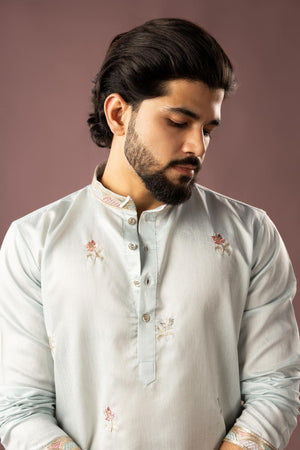 Men's  Blue Floral Embroidered Linen Kurta Set (ACA5610)