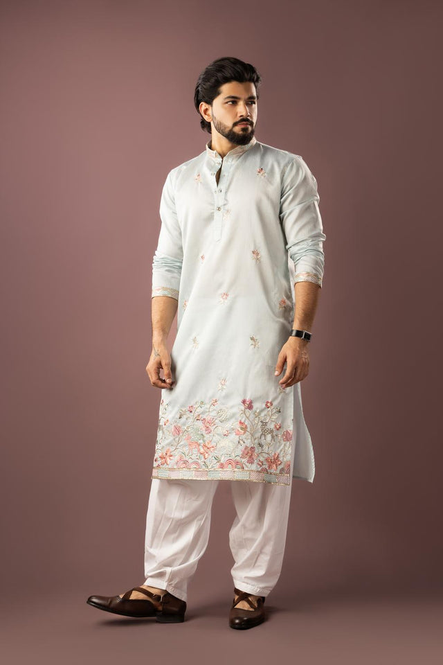 Men's  Blue Floral Embroidered Linen Kurta Set (ACA5610)