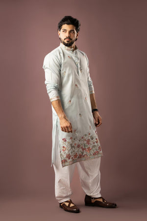 Men's  Blue Floral Embroidered Linen Kurta Set (ACA5610)