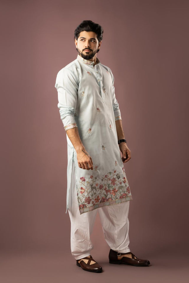 Men's  Blue Floral Embroidered Linen Kurta Set (ACA5610)