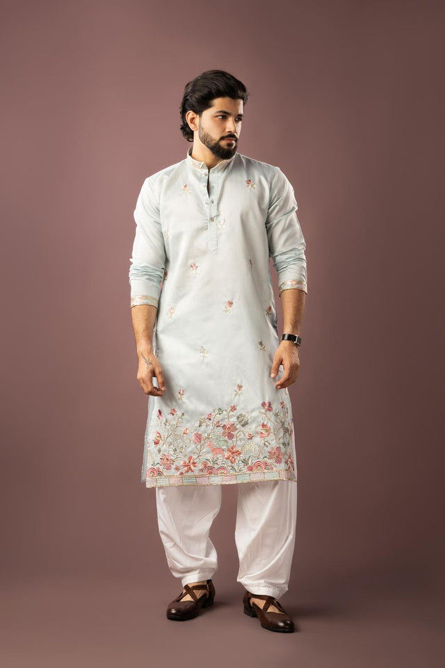 Men's  Blue Floral Embroidered Linen Kurta Set (ACA5610)