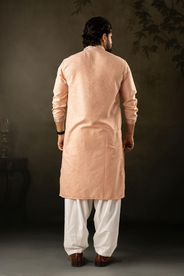 Men's  Peach Floral Embroidered Silk Kurta Set (ACA5611)