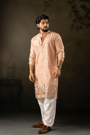 Men's  Peach Floral Embroidered Silk Kurta Set (ACA5611)