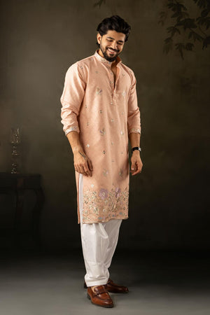 Men's  Peach Floral Embroidered Silk Kurta Set (ACA5611)