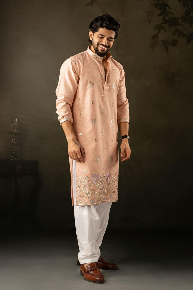 Men's  Peach Floral Embroidered Silk Kurta Set (ACA5611)