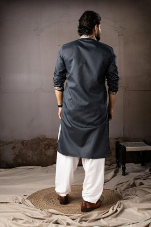 Men's  Navy Blue Floral Embroidered Linen Kurta Set (ACA5612)