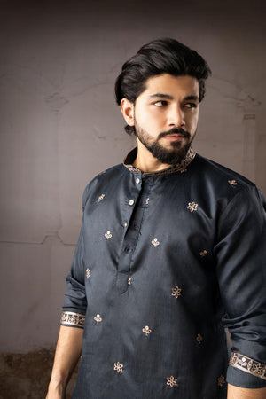 Men's  Navy Blue Floral Embroidered Linen Kurta Set (ACA5612)