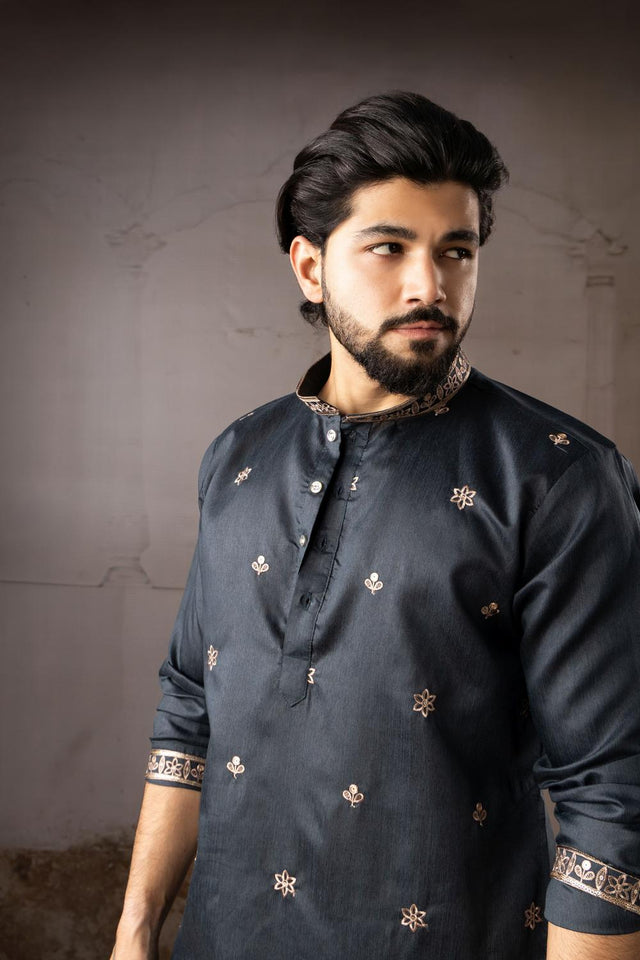 Men's  Navy Blue Floral Embroidered Linen Kurta Set (ACA5612)