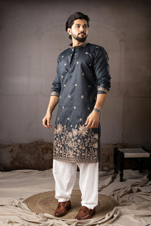 Men's  Navy Blue Floral Embroidered Linen Kurta Set (ACA5612)