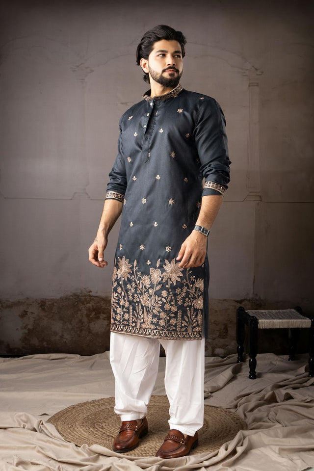 Men's  Navy Blue Floral Embroidered Linen Kurta Set (ACA5612)