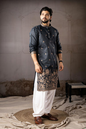 Men's  Navy Blue Floral Embroidered Linen Kurta Set (ACA5612)