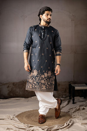 Men's  Navy Blue Floral Embroidered Linen Kurta Set (ACA5612)
