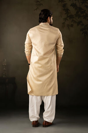 Men's  Beige Floral Embroidered Linen Kurta Set (ACA5613)