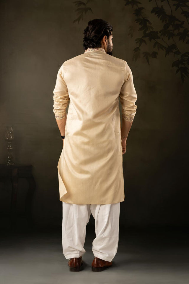 Men's  Beige Floral Embroidered Linen Kurta Set (ACA5613)