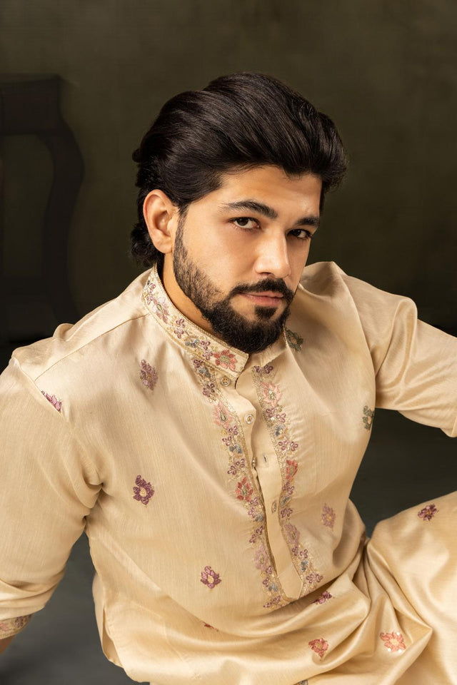 Men's  Beige Floral Embroidered Linen Kurta Set (ACA5613)