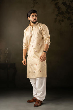 Men's  Beige Floral Embroidered Linen Kurta Set (ACA5613)