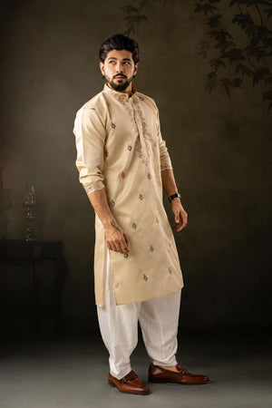 Men's  Beige Floral Embroidered Linen Kurta Set (ACA5613)