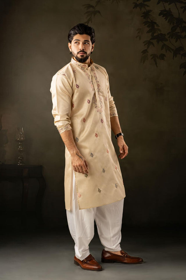 Men's  Beige Floral Embroidered Linen Kurta Set (ACA5613)