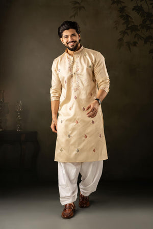 Men's  Beige Floral Embroidered Linen Kurta Set (ACA5613)