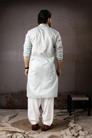 Men's  Blue Floral Embroidered Linen Kurta Set (ACA5614)