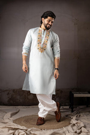 Men's  Blue Floral Embroidered Linen Kurta Set (ACA5614)