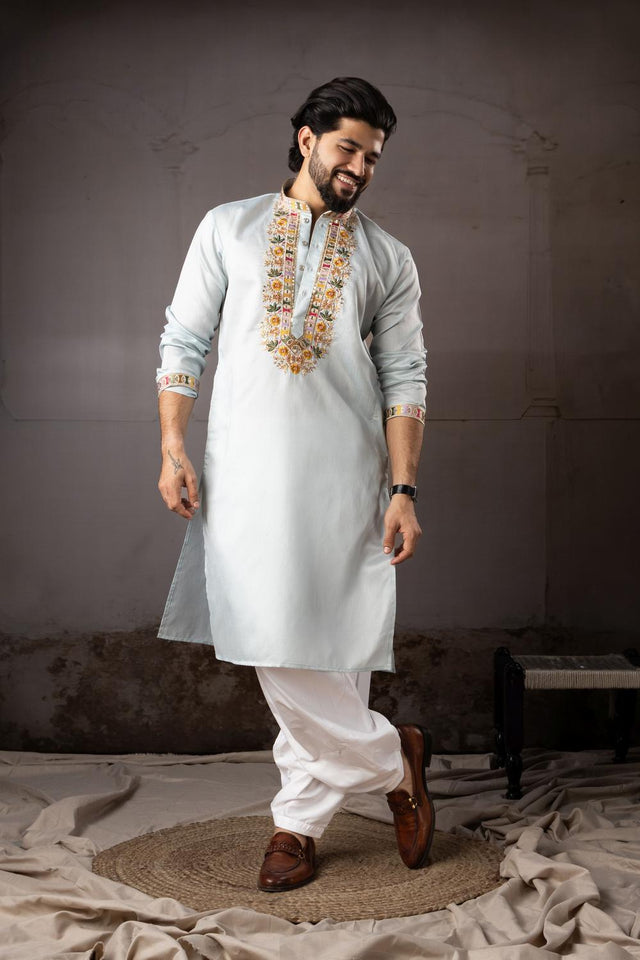 Men's  Blue Floral Embroidered Linen Kurta Set (ACA5614)