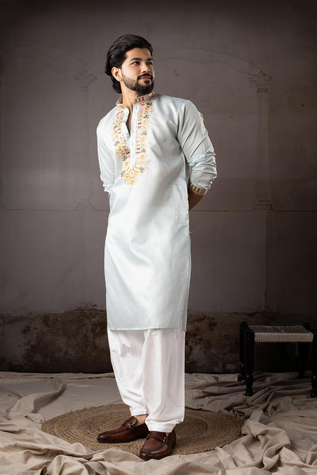 Men's  Blue Floral Embroidered Linen Kurta Set (ACA5614)