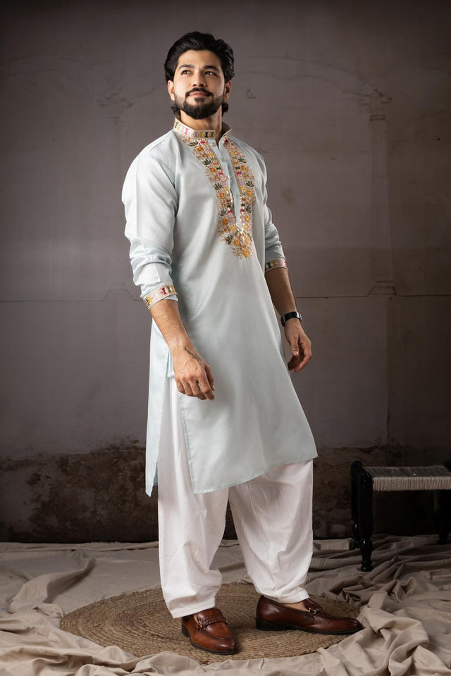 Men's  Blue Floral Embroidered Linen Kurta Set (ACA5614)