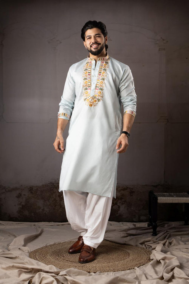 Men's  Blue Floral Embroidered Linen Kurta Set (ACA5614)