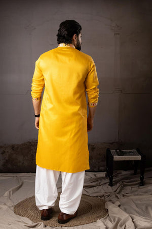 Men's  Yellow Floral Embroidered Linen Kurta Set (ACA5615)