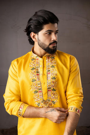 Men's  Yellow Floral Embroidered Linen Kurta Set (ACA5615)