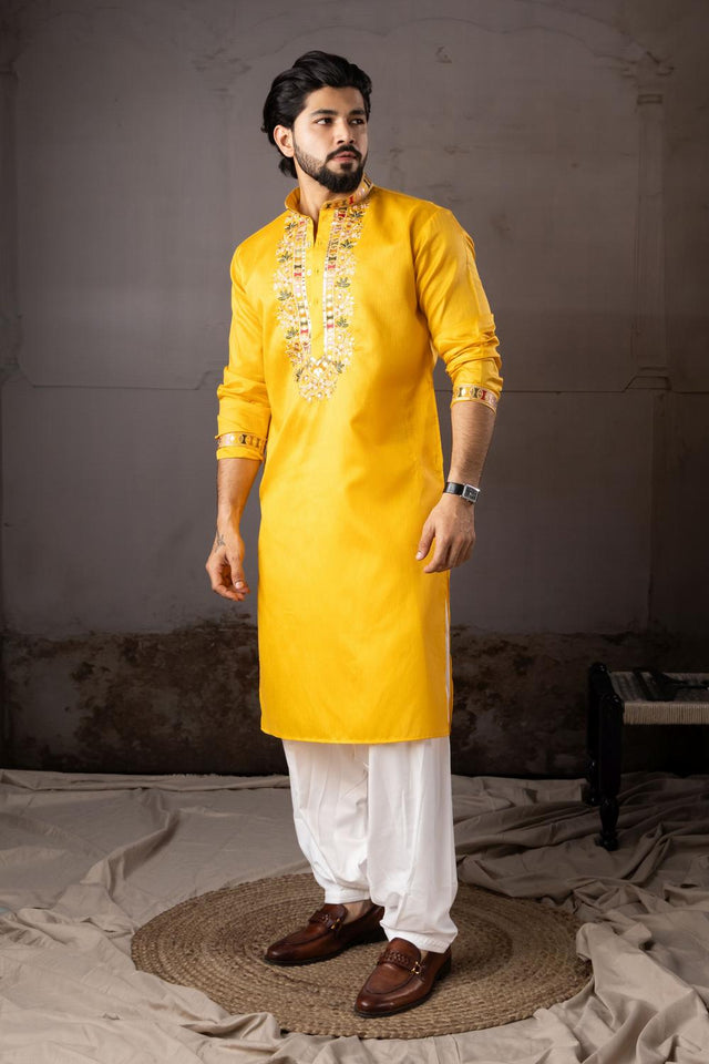 Men's  Yellow Floral Embroidered Linen Kurta Set (ACA5615)