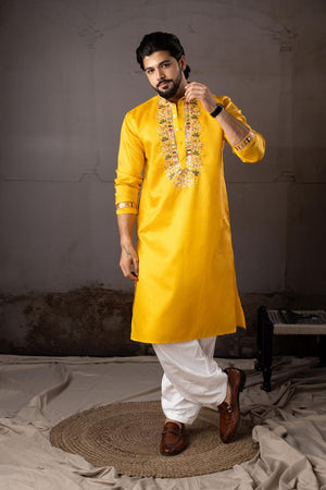 Men's  Yellow Floral Embroidered Linen Kurta Set (ACA5615)