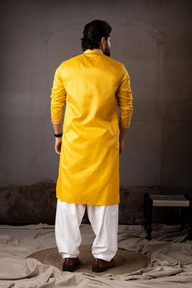 Men's  Yellow Floral Embroidered Linen Kurta Set (ACA5616)