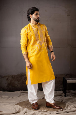 Men's  Yellow Floral Embroidered Linen Kurta Set (ACA5616)