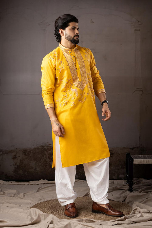 Men's  Yellow Floral Embroidered Linen Kurta Set (ACA5616)