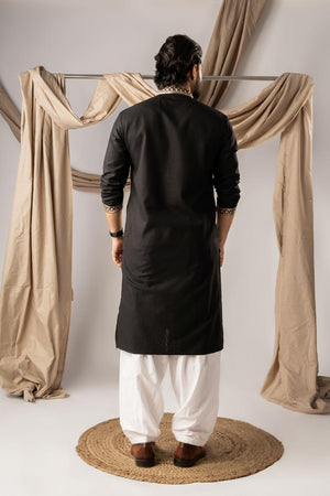 Men's  Black Floral Embroidered Linen Kurta Set (ACA5617)