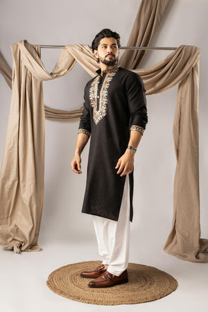 Men's  Black Floral Embroidered Linen Kurta Set (ACA5617)