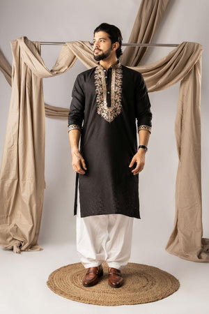 Men's  Black Floral Embroidered Linen Kurta Set (ACA5617)