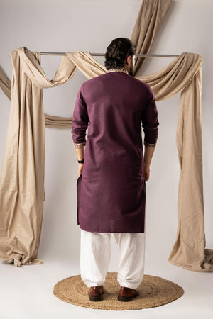 Men's  Wine Floral Embroidered Linen Kurta Set (ACA5618)
