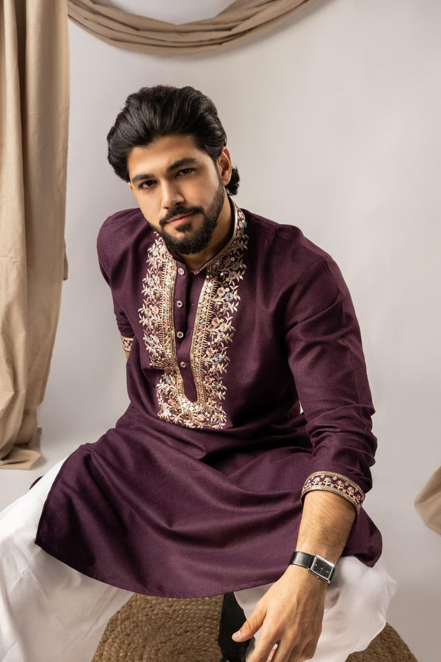 Men's  Wine Floral Embroidered Linen Kurta Set (ACA5618)
