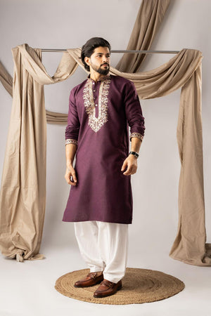 Men's  Wine Floral Embroidered Linen Kurta Set (ACA5618)